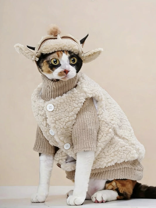 Warm Fleece Cat Jumpsuit with Hat Set