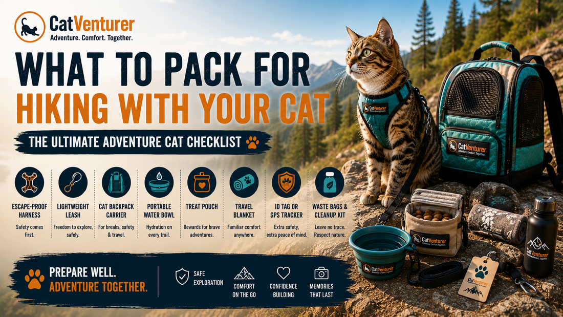 Adventure cat wearing harness beside hiking backpack on mountain trail