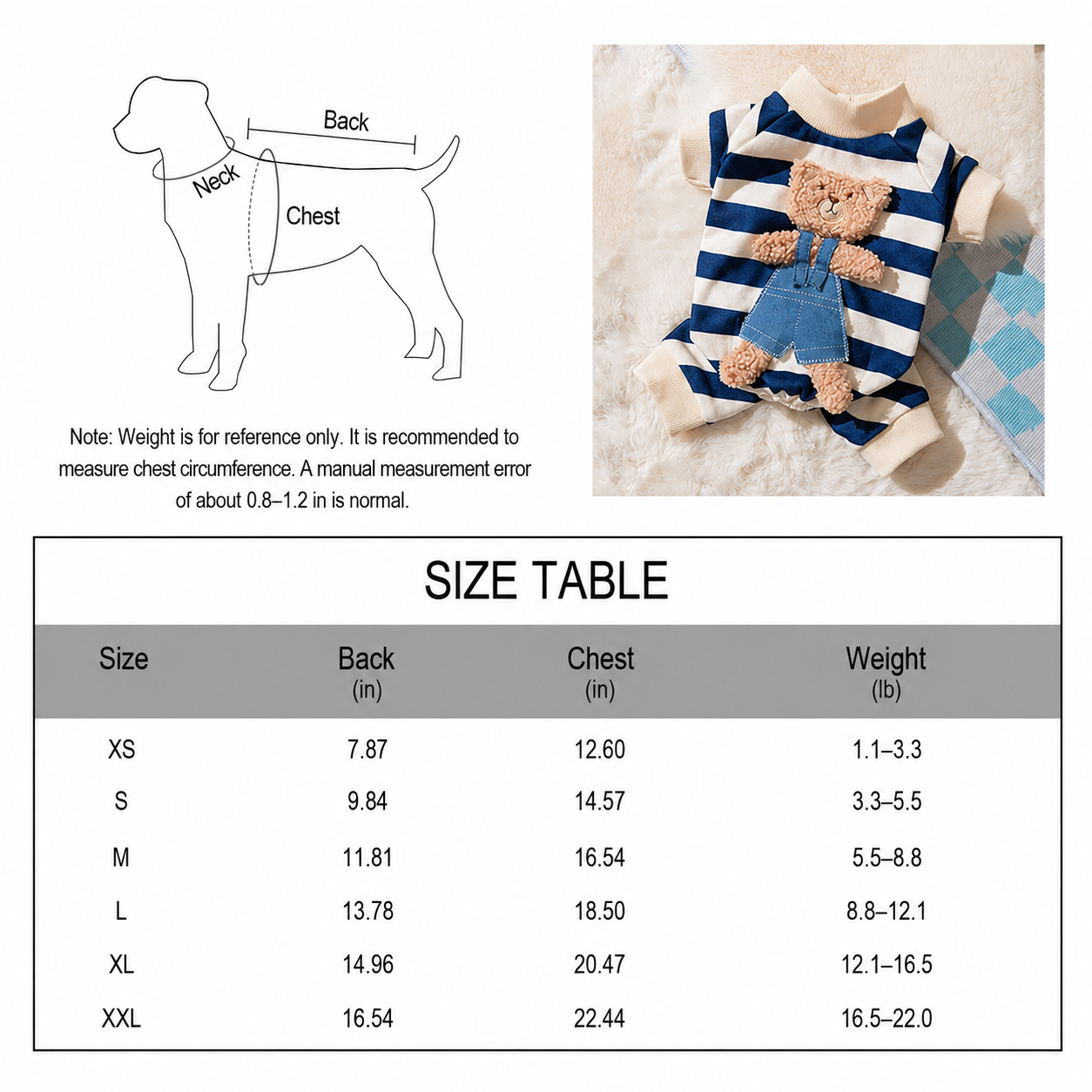 Size chart for a dog outfit with measurements and a photo of the outfit on a dog.