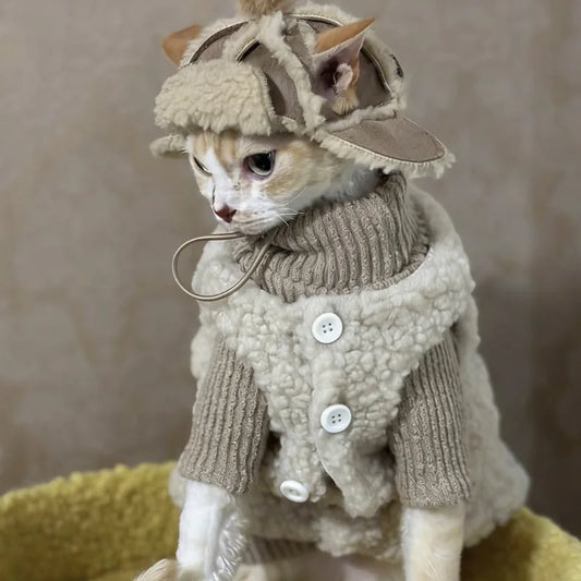 Warm Fleece Cat Jumpsuit with Hat Set