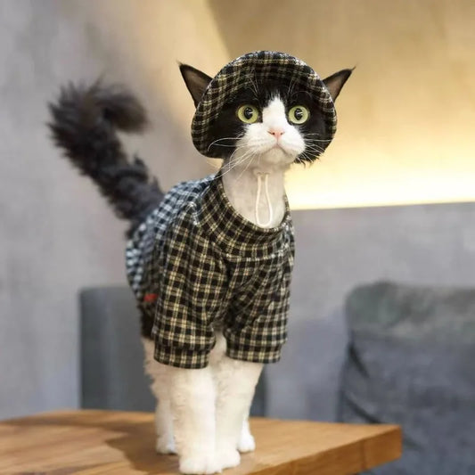 British Style Plaid Hoodie for Hairless Cats