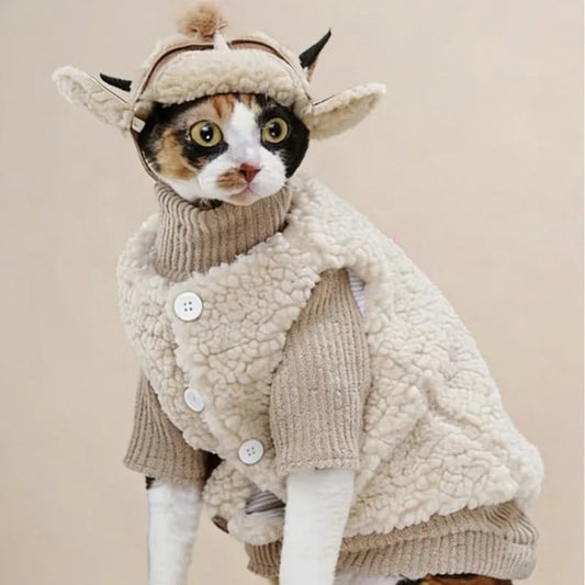 Warm Fleece Cat Jumpsuit with Hat Set