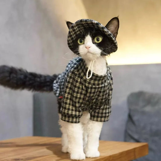 British Style Plaid Hoodie for Hairless Cats